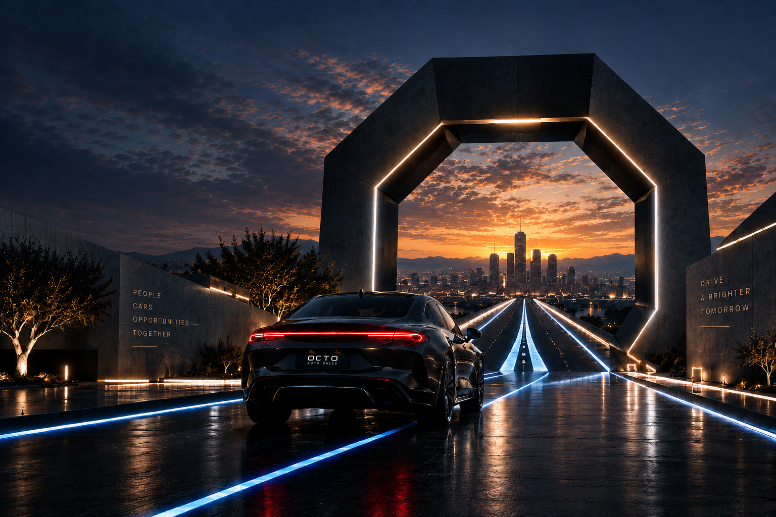 An unbranded concept car on an illuminated road through an octagonal gateway toward a sunset city skyline