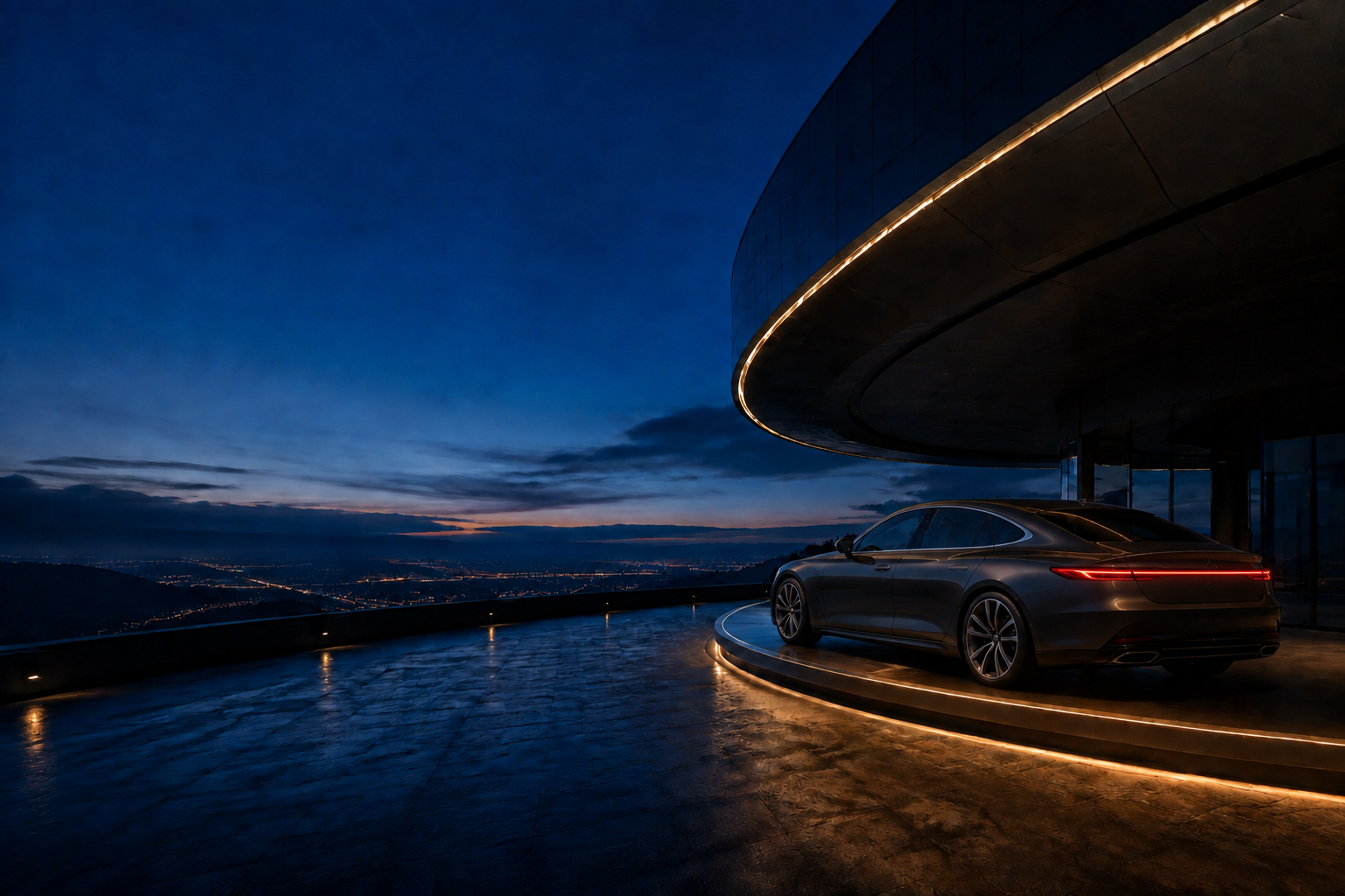 Concept illustration of an unbranded luxury car on an illuminated terrace at dusk